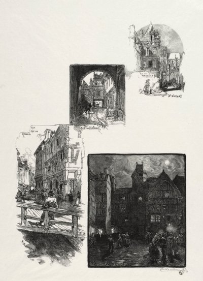 Resimli Rouen: Rue des Charretes; Halaj Caddesi; Rue Eau de Robec; Sanat Meydanı by Auguste Louis Lepère