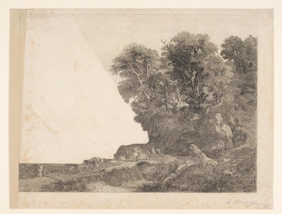 Bir nehir boyunca bir yolda hayvanlar ve figürlerle manzara by Auguste Numans