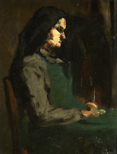 Yeşil Önlüklü Kadın (karton üzerine yağlı boya) by Auguste Theodule Ribot