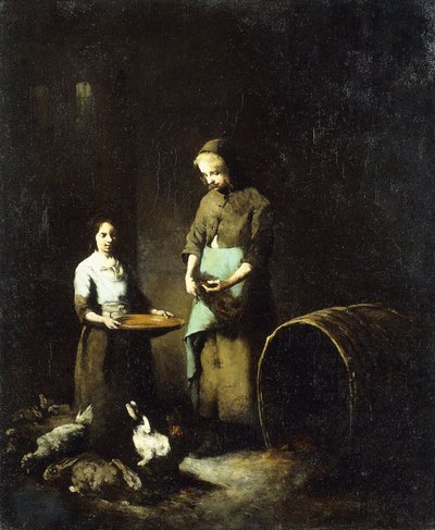 Ahır Hayvanlarını Besleyen Genç Köylü Kızları, by Auguste Theodule Ribot