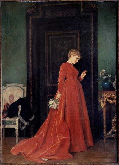 Geliş. Kırmızı elbiseli zarif bir kadın kapıyı çalmak üzeredir. Elinde bir buket çiçek tutmaktadır ve yüzünde sabırsızlık, merak ve şüphe karışımı bir ifade vardır. Auguste Toulmouche (1829-1890) tarafından yapılmıştır. Tuval üzerine yağlıboya. by Auguste Toulmouche