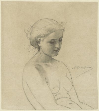 Oturan çıplak kadın, dörtte üçü sağa, yarım uzunlukta by Auguste Toulmouche