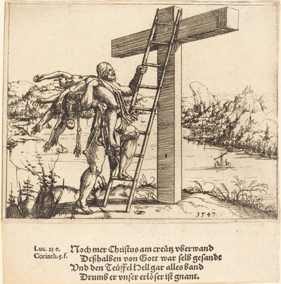 Günah, Ölüm ve Şeytan ile Haç Üzerinde Yükselen Mesih, 1547. by Augustin Hirschvogel