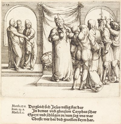 Mesih ile Alay Edilir ve Caiaphas Giysilerini Yıkar by Augustin Hirschvogel