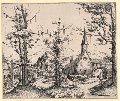 Kapalı Bir Köprü Tarafından Yayılan Bir Derenin Yanındaki Kilise by Augustin Hirschvogel
