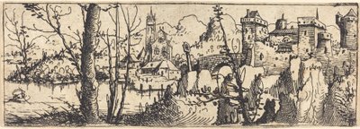 Sağda Kale ile Manzara, Kayalarla çevrili, 1546. by Augustin Hirschvogel