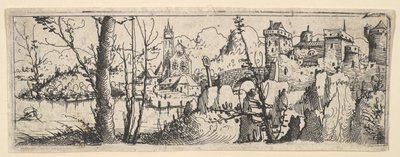 Kale ve Nehir Üzerinde Bir Kilise ile Manzara, 1545. by Augustin Hirschvogel