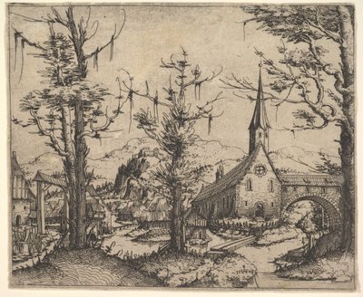Sağda Dört Ağaçlı ve Kiliseli Manzara, 1545 . by Augustin Hirschvogel