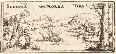 Üç Yanan Şehir ile Manzara: Sodom, Gomorrah ve Tyrus. by Augustin Hirschvogel