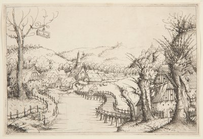 Sargı bir ahşap köprü ile manzara by Augustin Hirschvogel