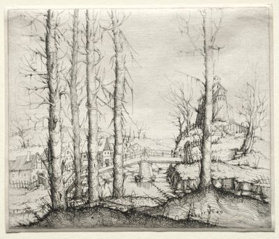 Ön Planda Beş Çıplak Ladin Ağacı ile Nehir Manzarası by Augustin Hirschvogel