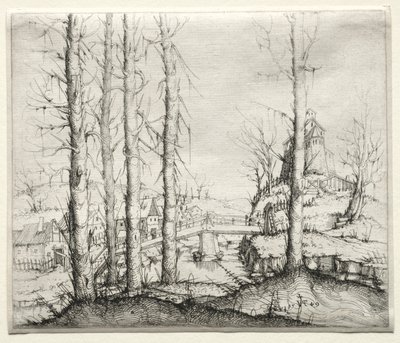 Ön Planda Beş Çıplak Ladin Ağacı ile Nehir Manzarası by Augustin Hirschvogel