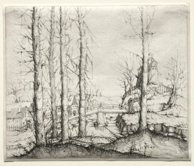 Ön Planda Beş Çıplak Ladin Ağacı ile Nehir Manzarası, 1549. by Augustin Hirschvogel