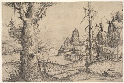 Solda Büyük Ağaçlı Nehir Manzarası, 1546. by Augustin Hirschvogel