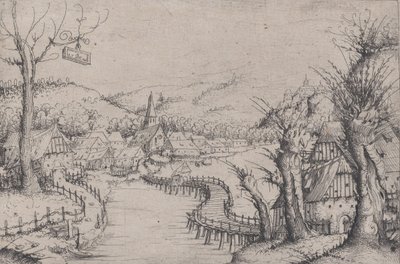Sağda Üç Çıplak Söğüt Ağacı ve Uzun Sarma Ahşap Köprü ile Nehir Manzarası ..., 1546. by Augustin Hirschvogel