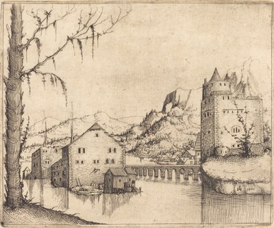 İki Binalı Nehir Manzarası, 1545. by Augustin Hirschvogel