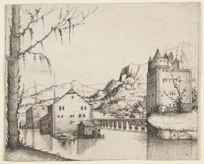Bir Köprüyle Birleştirilmiş İki Bina ile Nehir Manzarası by Augustin Hirschvogel