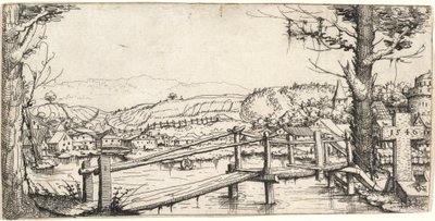 Bir Yaya Köprüsü ile Nehir Manzarası, 1546. by Augustin Hirschvogel