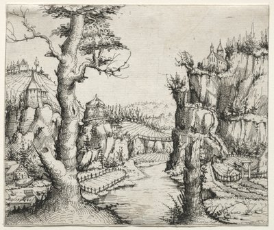 Sağdaki ana soldaki kayalarla Nehir Manzarası, 1546. by Augustin Hirschvogel