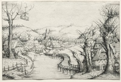 Sağda üç çıplak söğüt ağacı ve uzun, dolambaçlı bir ahşap köprü ile Nehir Manzarası..., 1546. by Augustin Hirschvogel