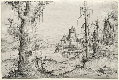 Soldaki büyük ağaçlı nehir manzarası, 1546. by Augustin Hirschvogel