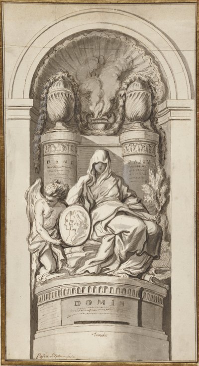 Cenaze Anıtı Çalışması, 1750 (siyah tebeşir, tükenmez kalem ve kahverengi mürekkep, kahverengi ve gri yıkamalar, birleştirilmiş iki yaprak üzerinde beyaz yükselme) by Augustin Pajou