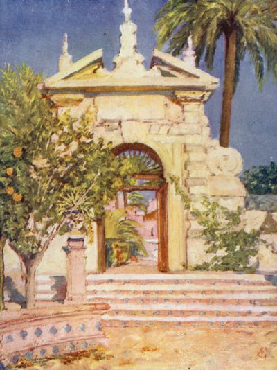 Alcazar Bahçesinde Bir Kapı, Sevilla (renkli taş baskı) by Augustine Fitzgerald