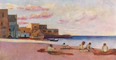 Ischia Yat Limanı Sahilinde Akşam (renkli taş baskı) by Augustine Fitzgerald
