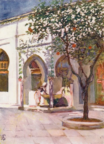 Büyük Cami Avlusundaki Çeşme, Cezayir (renkli taş baskı) by Augustine Fitzgerald
