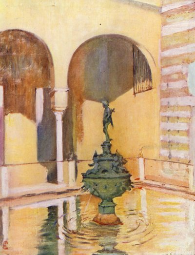 Alcazar Bahçesindeki Çeşme, Sevilla (renkli taş baskı) by Augustine Fitzgerald