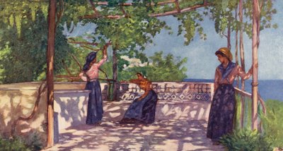 Asmaların Altındaki Köylüler, Casamicciola, Ischia (renkli lito) by Augustine Fitzgerald
