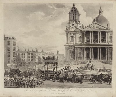 Amiral Lord Nelson'ın Admiralty'den St Paul Katedrali'ne cenaze töreni, City of London 9 Ocak 1806 (gravür) by Augustus Charles (after) Pugin