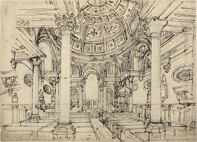 Walbrook Kilisesi için çalışma (rekto); Yelkenli, Erkek ve Bot Eskizleri (ters) by Augustus Charles Pugin
