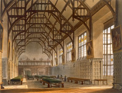 The Hall of Trinity College, Cambridge, J. Bluck (fl.1791-1831), pub tarafından oyulmuş 'Cambridge Tarihi'nden. R. Ackermann, 1815 (renkli aquatint) by Augustus Charles Pugin