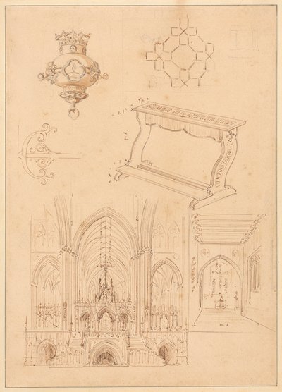 Gotik Süsleme Tasarımları, Bir Diz Çökmüş ve Gotik Kiliselerin İç Mekanlarının İki Taslağı by Augustus Welby Northmore Pugin
