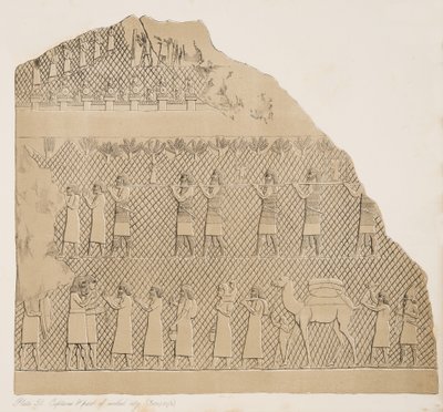 Tutsaklar ve surlarla çevrili şehrin bir kısmı (Kouyunjik) Ninova Anıtlarından bir çizim, 1858 by Austen Henry Layard