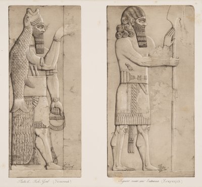 Balık Tanrısı (Nimrud) ve Girişe Yakın Figür (Kouyunjik), Nineveh Anıtlarından, pub. 1849 by Austen Henry Layard