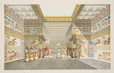 Nineveh Anıtlarından bir Asur sarayının Salonunun yeniden inşası, pub. 1849 (el renkli gravür) by Austen Henry Layard