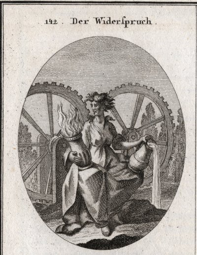 Rahatsızlık alegorisi. Takım elbisesi ikiye bölünmüştür. Bir su kabı ve bir ateş kabı tutuyor. Dişli iki tekerlek zıt yönlerde hareket eder. Gravür "" Iconologie oder Ideen aus dem Gebiete der Leidenschaften und Allegorien bildich darge by Austrian School