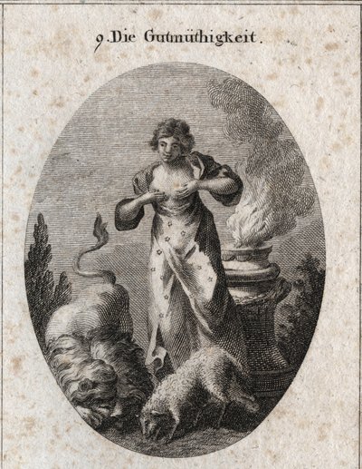 Benignitenin aynı zamanda emzirme alegorisi, bir kuzu ve bir aslan, en zayıf ve en güçlü eşittir. Sunaktaki ateş, dini duyguları ifade eder. Gravür "" Iconologie oder Ideen aus dem Gebiete der Leidenschaften und Allegorien bildich darg by Austrian School