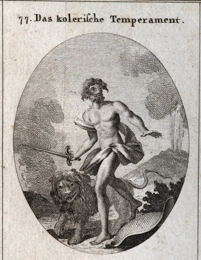 Kolerik ten renginin alegorisi. Saldırmak için bir kılıç tutuyor ve kendini savunmayı unutarak kalkanını fırlattı. Niteliği ve tehditkar bir aslan. Gravür "" Iconologie oder Ideen aus dem Gebiete der Leidenschaften und Allegorien bildich dargest by Austrian School