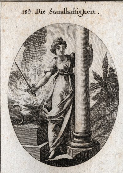 Sabitlik alegorisi. Yanan bir ateşin üzerinde bir kılıç tutuyor. Sahip olduğu sütun çiftliğin özelliğidir. Ressamlar, ressamlar, şairler, ge by Austrian School