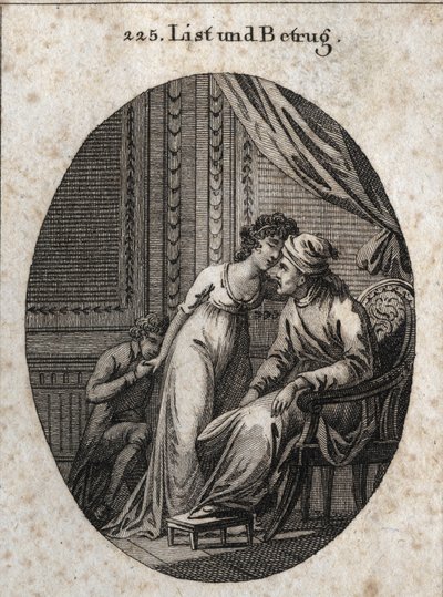 Kurnazlık ve aldatma alegorisi. İfade: Seni her zamankinden daha fazla okşayan, seni aldattığının veya aldatmak istediğinin bir işaretidir. Gravür, Iconologie oder Ideen aus dem Gebiete der Leidenschaften und Allegorien bildich by Austrian School