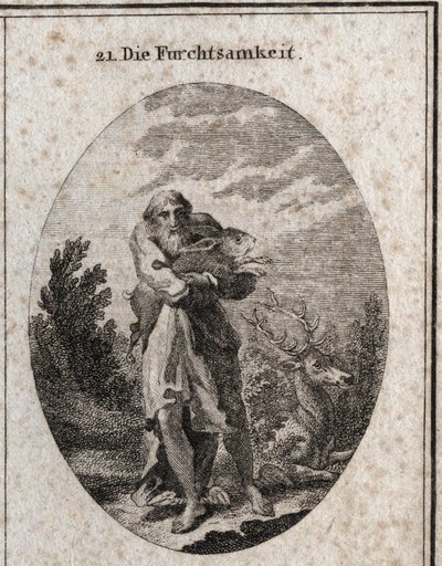 Ayak kanatları kaçmaya elverişli yaşlı bir adam kılığında korku alegorisi. Nitelikleri tavşan ve geyiktir. Ressamlar, ressamlar, şairler, ge by Austrian School