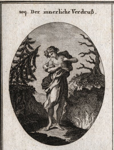 Yüzün hüznü ve uyum bozukluğu ile temsil edilen içsel keder alegorisi. Göğsü birkaç yılan tarafından yiyor gibi görünüyor. Gravür, Iconologie oder Ideen aus dem Gebiete der Leidenschaften und Allegorien bildich dargestell by Austrian School