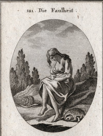 Tembellik alegorisi. Kollarını çapraz tutuyor. Niteliği bir kaplumbağa ve bir sümüklü böcek. Ressamlar, ressamlar, şairler, akademisyenler, eğitimciler ve fr by Austrian School