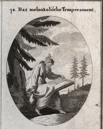 Melankolik ten alegorisi. Bir kitap ve bir çanta tutar ve ağzı bir göz bağıyla kapatılır. Kafasına bir kuş oturur. Ressam, Mah için tasvir edilen tutkular ve alegoriler alanından "" ikonoloji veya fikirlerde gravür by Austrian School