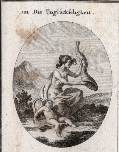 Talihsizlik alegorisi, yetersiz ve kapsamlı temsil edildi. Nitelikleri, salladığı ve boş olduğu bir bolluk boynuzu ve açlıktan ölen bir çocuktur. Gravür, Iconologie oder Ideen aus dem Gebiete der Leidenschaften und Allegorien bi by Austrian School