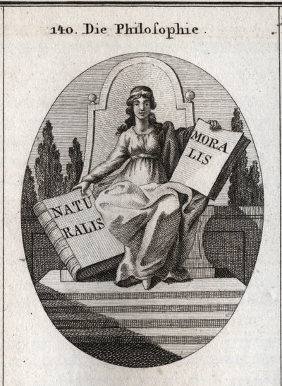 Birkaç basamağın üzerinde mermer bir tahtta oturan felsefenin alegorisi. Alnında altın bir taç var ve iki açık kitabı “” Naturalis” (Doğa) ve “” Moralis”” (Moral) “” Iconologie oder Ideen aus dem Gebiete der Leidenschaft