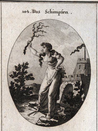 Çatallı bir dille baskıcı hakaret alegorisi. Bir elinde dikenli bir değnek tutuyor ve adalete aykırı davrandığını göstermek için ayaklarını teraziye sokuyor. Gravür, Iconologie oder Ideen aus dem Gebiete der Leidenschaften und Allegorien bildich da by Austrian School